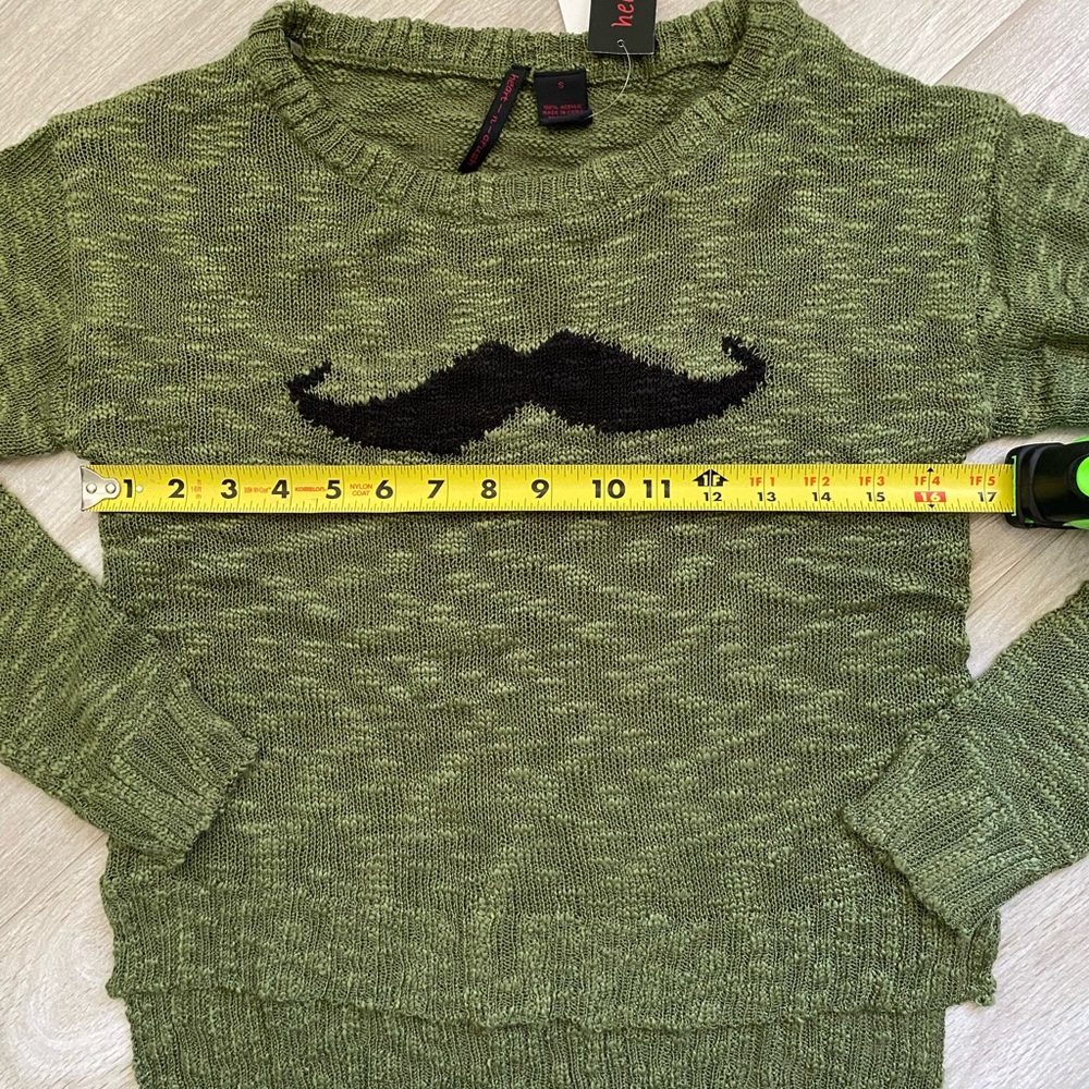 Heart N Crush Green Lightweight Long Sleeve Sweater With Mustache Graphic - Picture 11 of 15